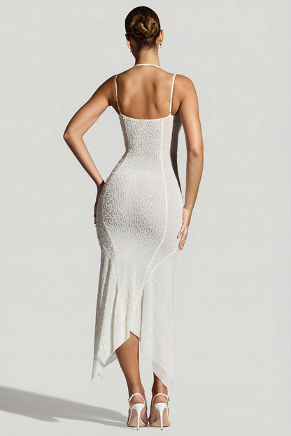 Embellished Handkerchief Hem Maxi Dress in White