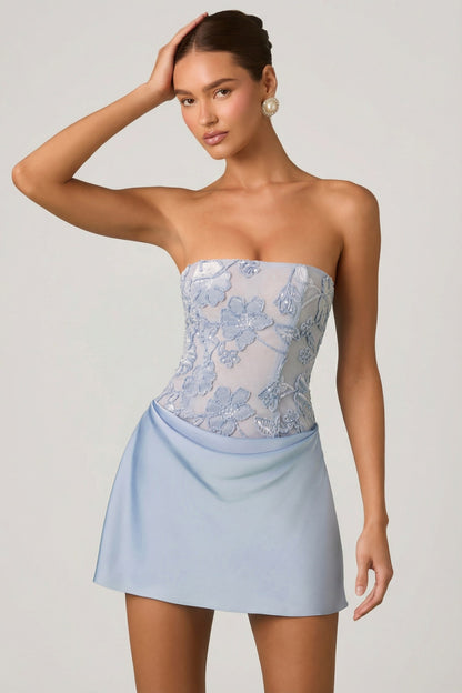 Embellished Draped Strapless A-Line Mini Dress in Sky Blue