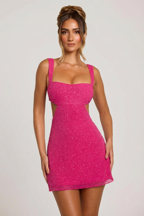 Embellished Cut Out Mini Dress in Fuschia