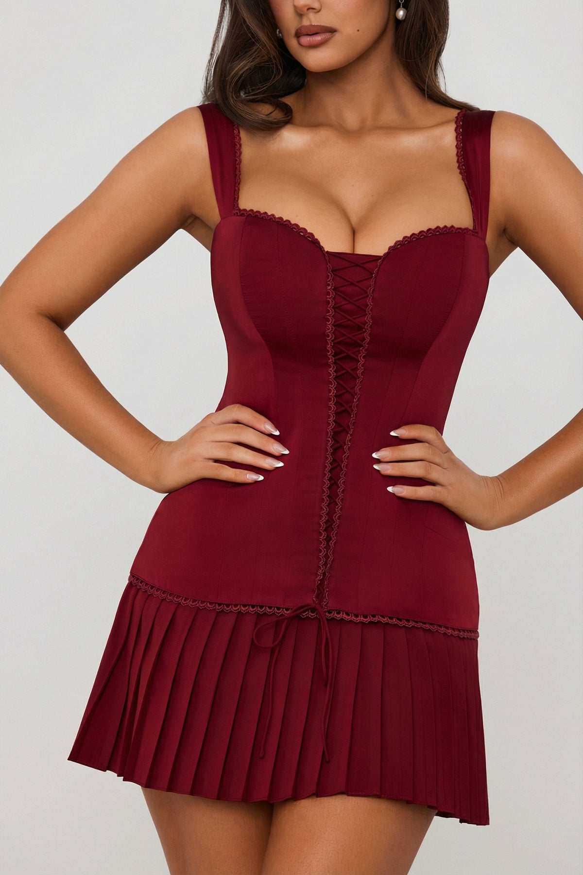 Bow-Detail Lace-Up Corset Mini Dress in Berry Red