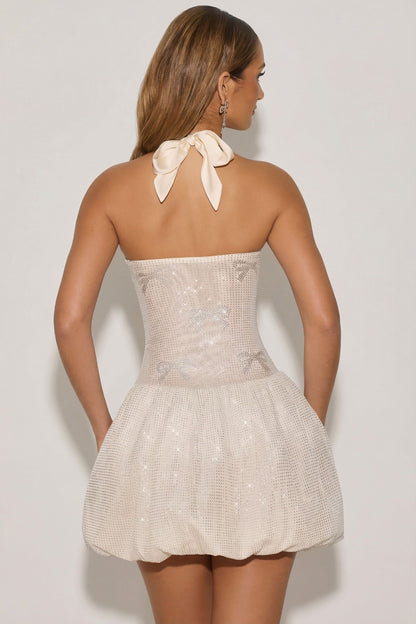 Embellished Halterneck Bubble Hem Mini Dress in Ivory