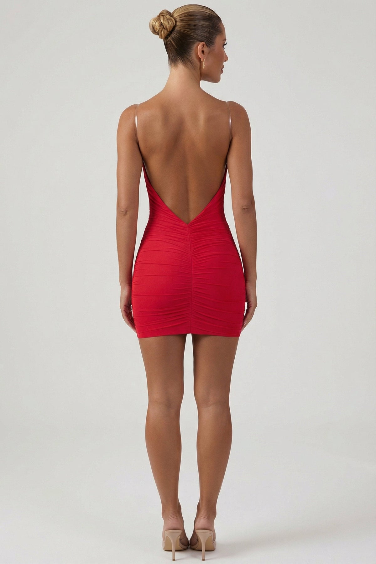 Ruched Backless Bodycon Mini Dress in Red