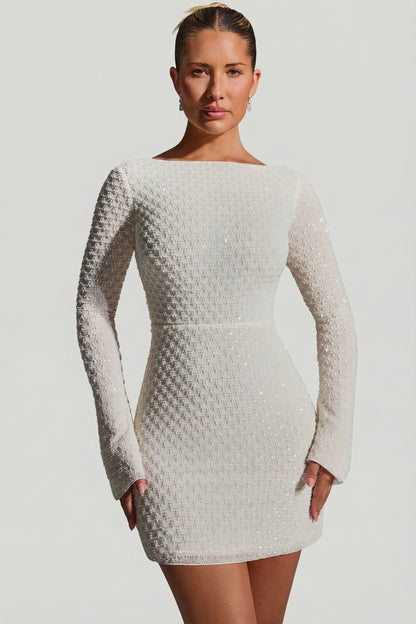 Embellished Open-Back A-Line Mini Dress in White