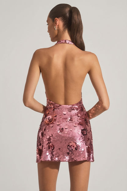 Sequin-Embellished Halterneck Mini Dress in Pink