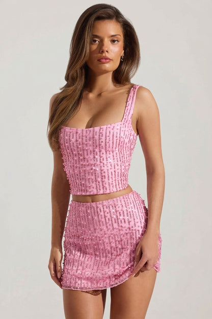 Embellished Low-Rise Mini Skirt in Pink
