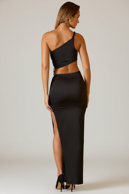 Ruched Asymmetric-Waist Maxi Skirt in Black