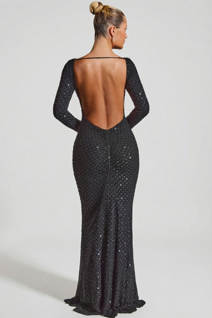 Embellished Open-Back Gown in Black