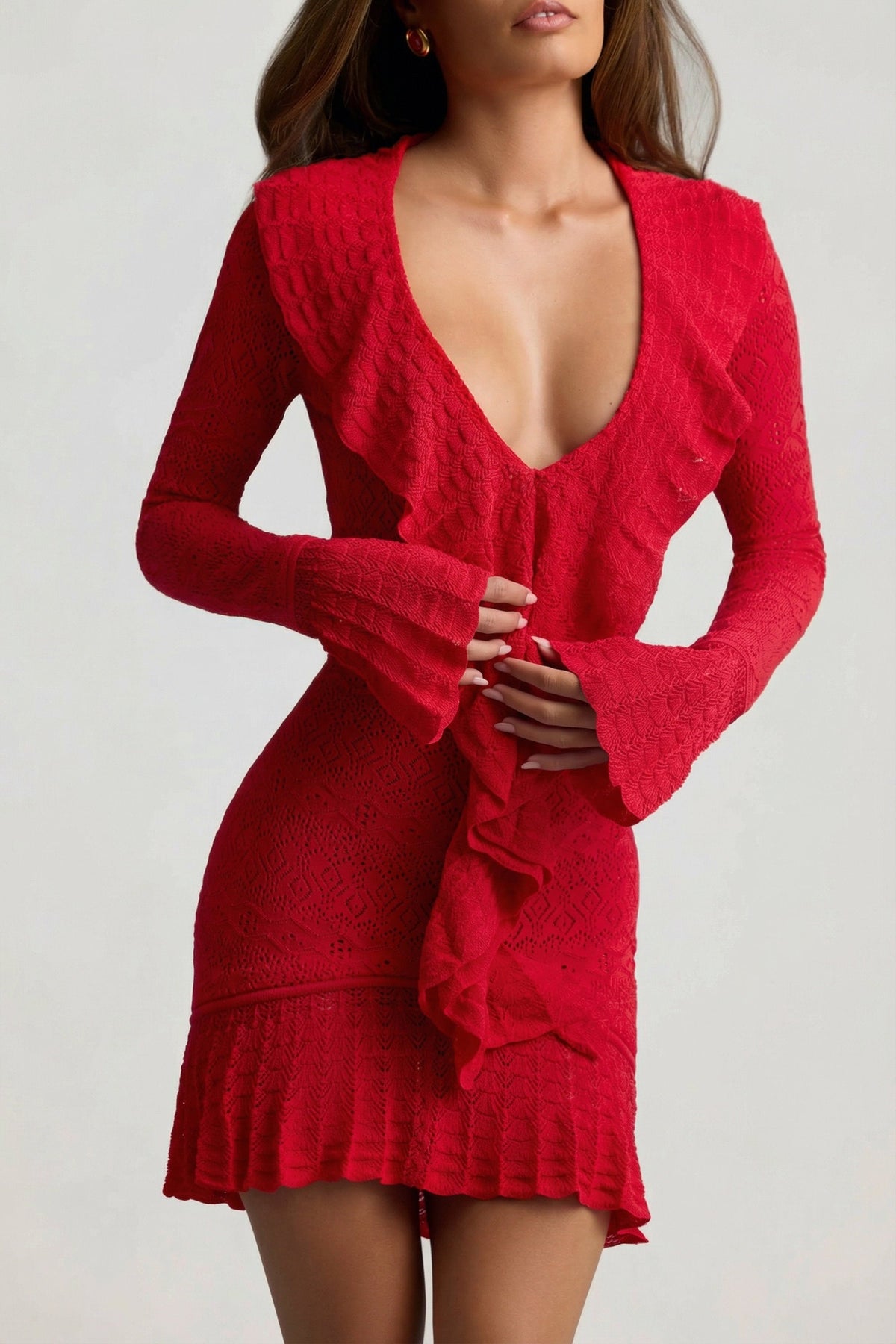 Ruffle-Trim Pointelle-Knit Mini Dress in Scarlet Red