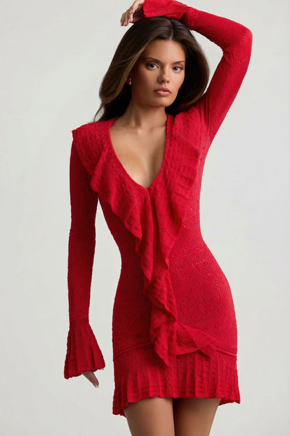 Ruffle-Trim Pointelle-Knit Mini Dress in Scarlet Red