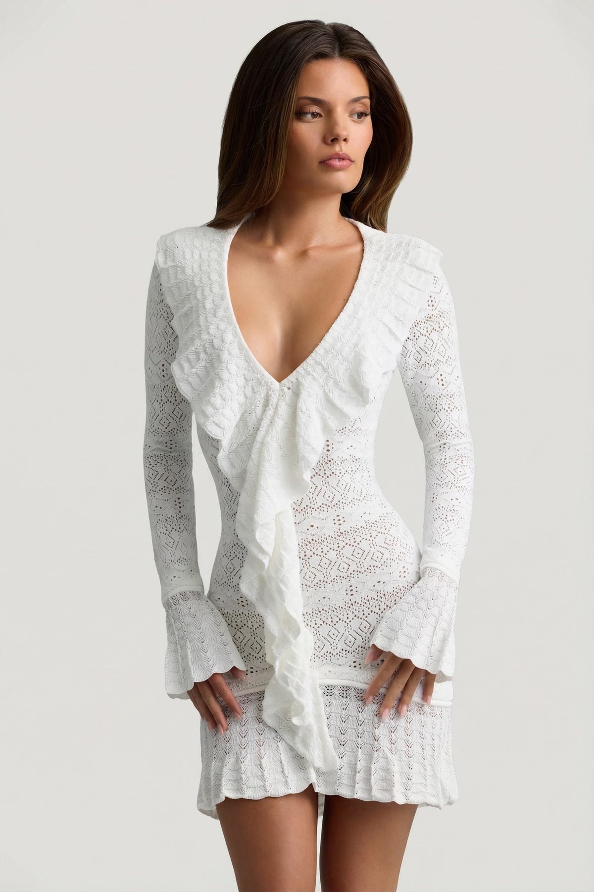 Ruffle-Trim Pointelle-Knit Mini Dress in White