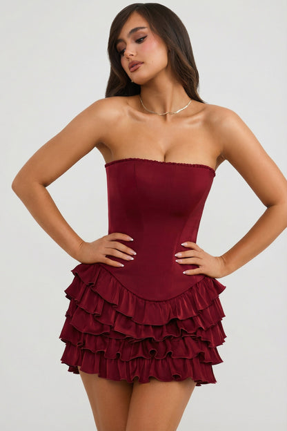 Bandeau Ruffled Tiered Corset Mini Dress in Berry Red