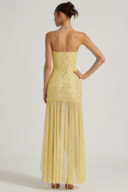 Semi-Sheer Embellished Asymmetric Maxi Dress in Yellow