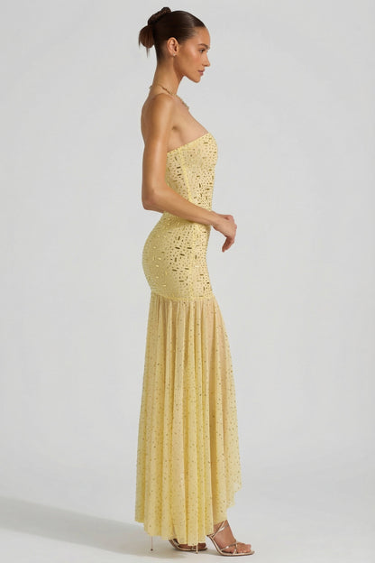 Semi-Sheer Embellished Asymmetric Maxi Dress in Yellow