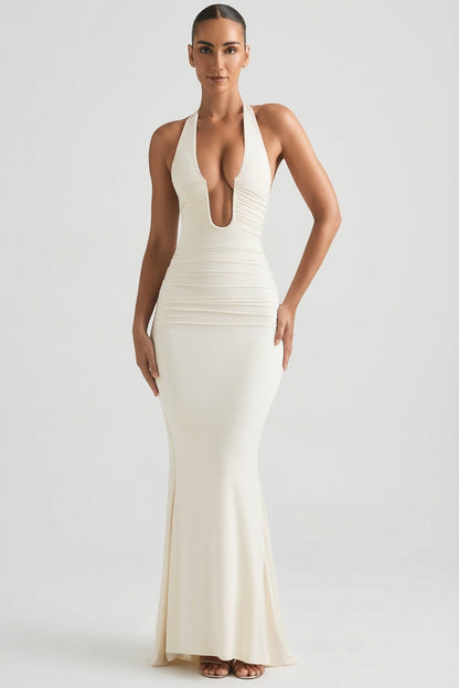 Ruched Backless Halterneck Gown in Ivory