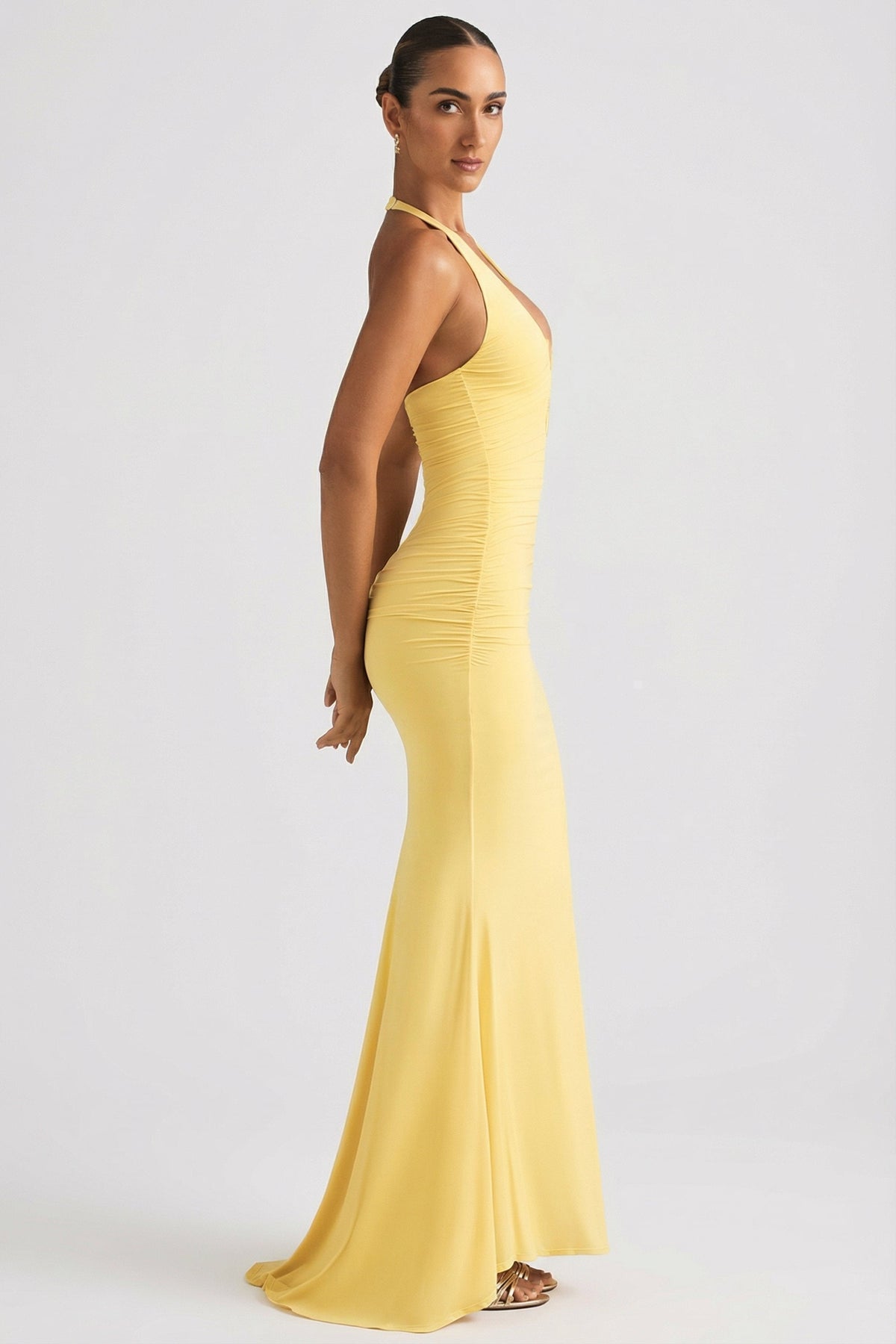 Ruched Backless Halterneck Gown in Pastel Yellow