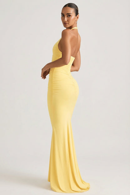 Ruched Backless Halterneck Gown in Pastel Yellow