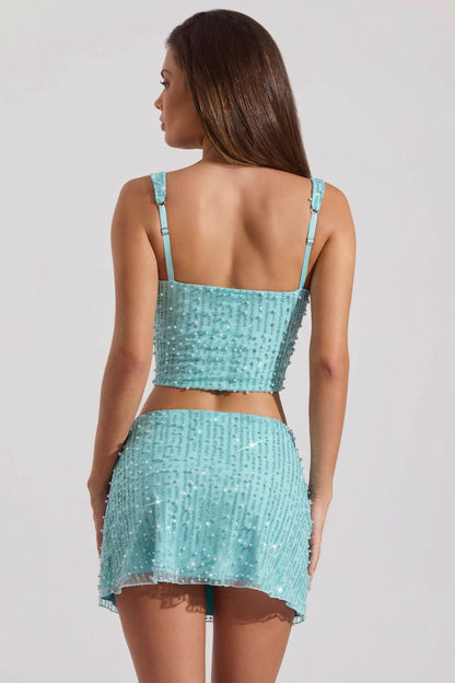 Embellished Square-Neck Crop Top in Aqua Blue