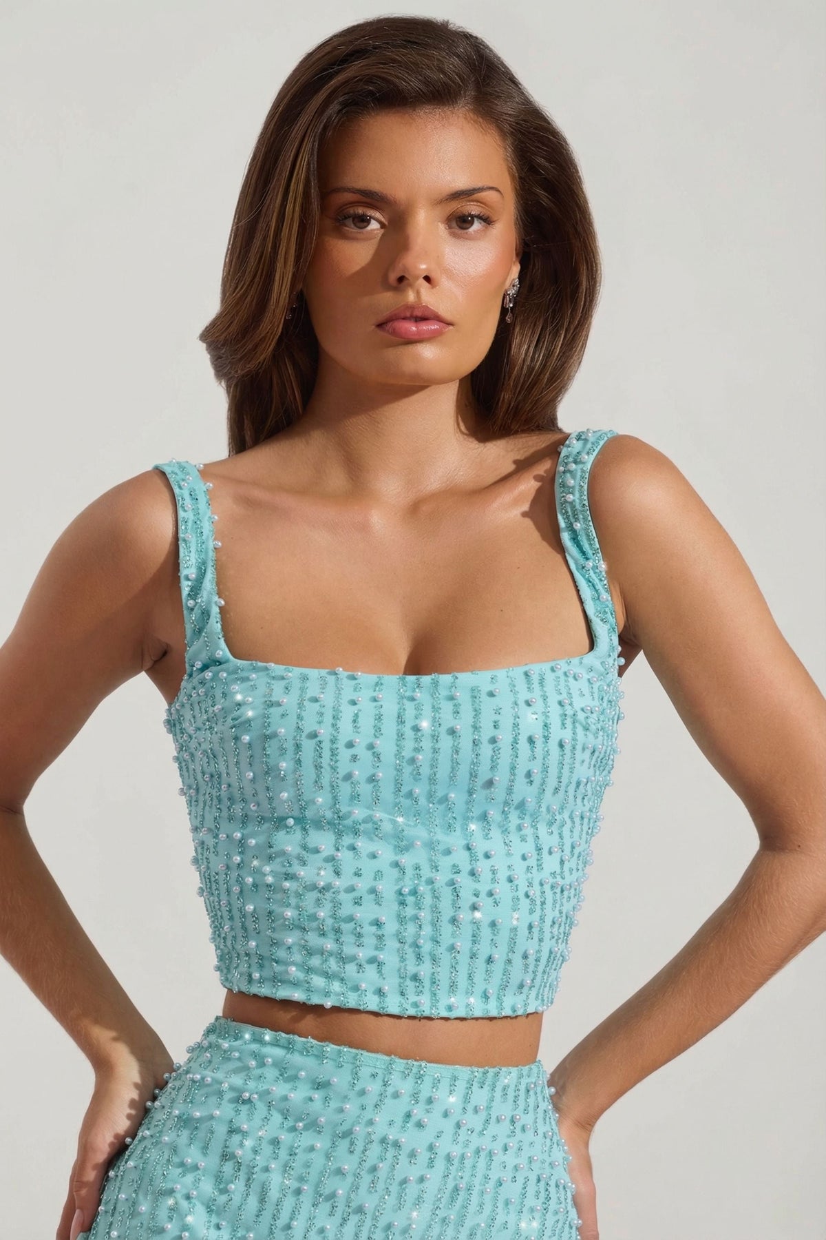 Embellished Square-Neck Crop Top in Aqua Blue