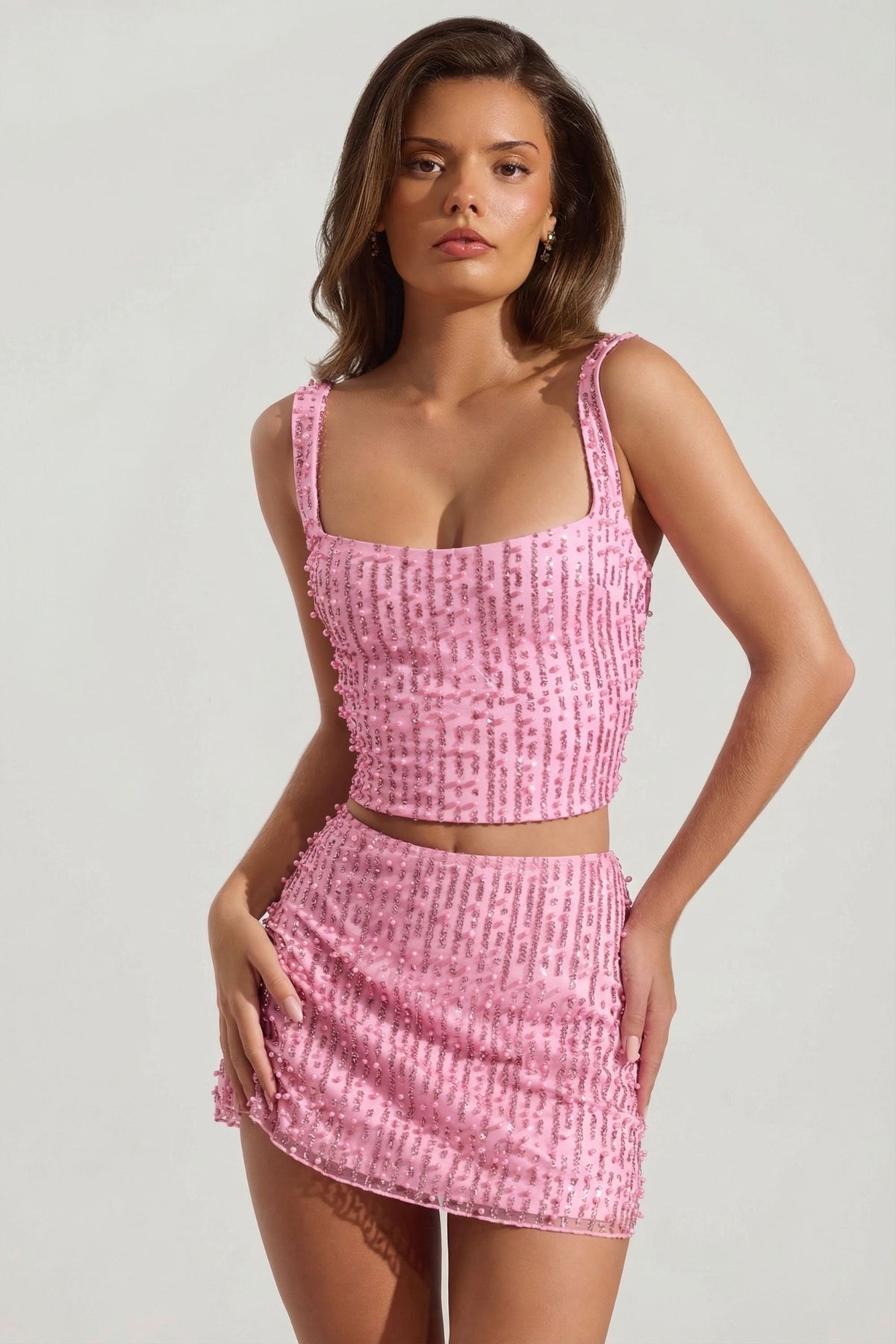 Embellished Square-Neck Crop Top in Pink