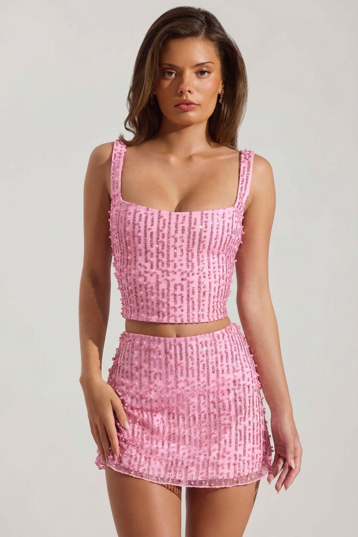 Embellished Square-Neck Crop Top in Pink