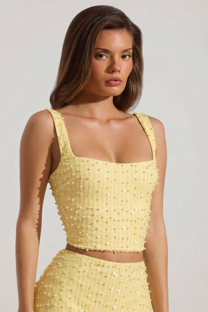 Embellished Square-Neck Crop Top in Yellow