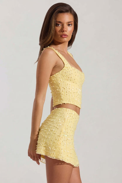Embellished Square-Neck Crop Top in Yellow