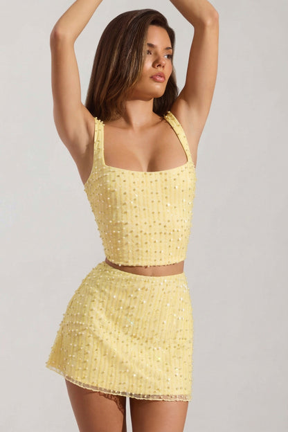 Embellished Square-Neck Crop Top in Yellow