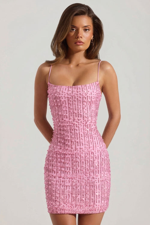 Embellished Scoop-Neck Bodycon Mini Dress in Pink