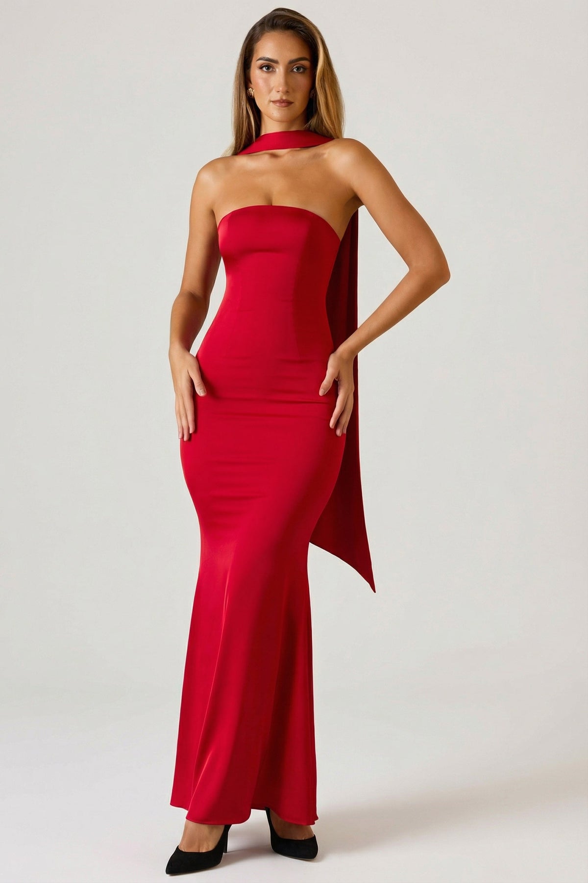 Scarf-Detail Strapless Gown in Scarlet Red