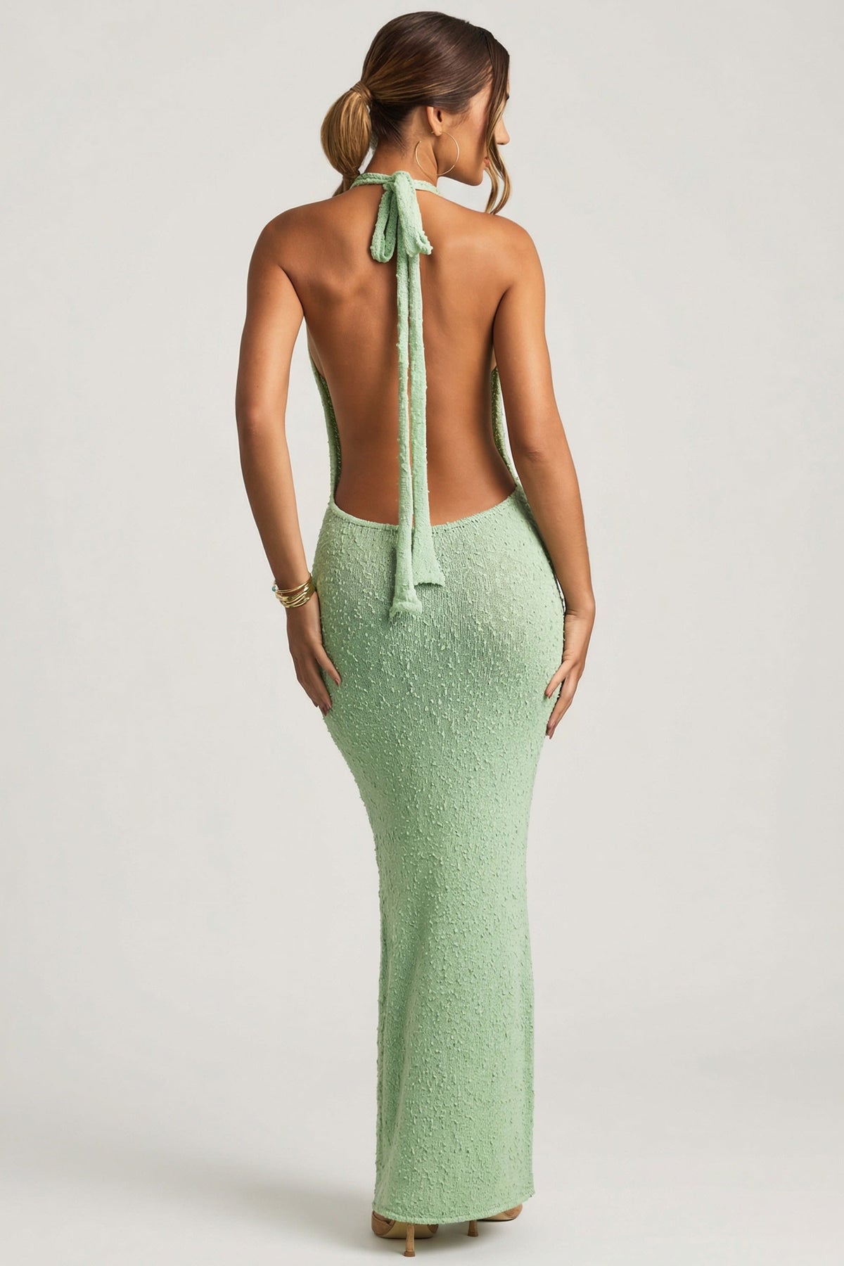 Bouclé Halterneck Maxi Dress in Mint