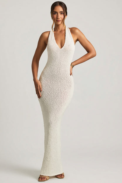 Bouclé Halterneck Maxi Dress in White