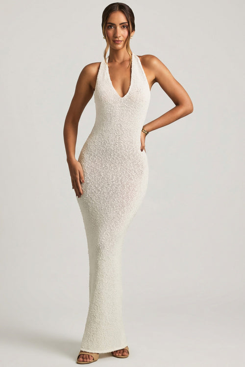 Bouclé Halterneck Maxi Dress in White