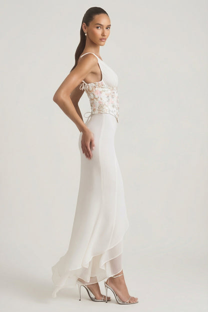 Embellished Plunge Ruffled Corset Maxi Dress in Ivory