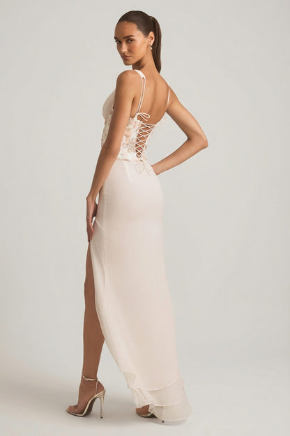 Embellished Plunge Ruffled Corset Maxi Dress in Ivory