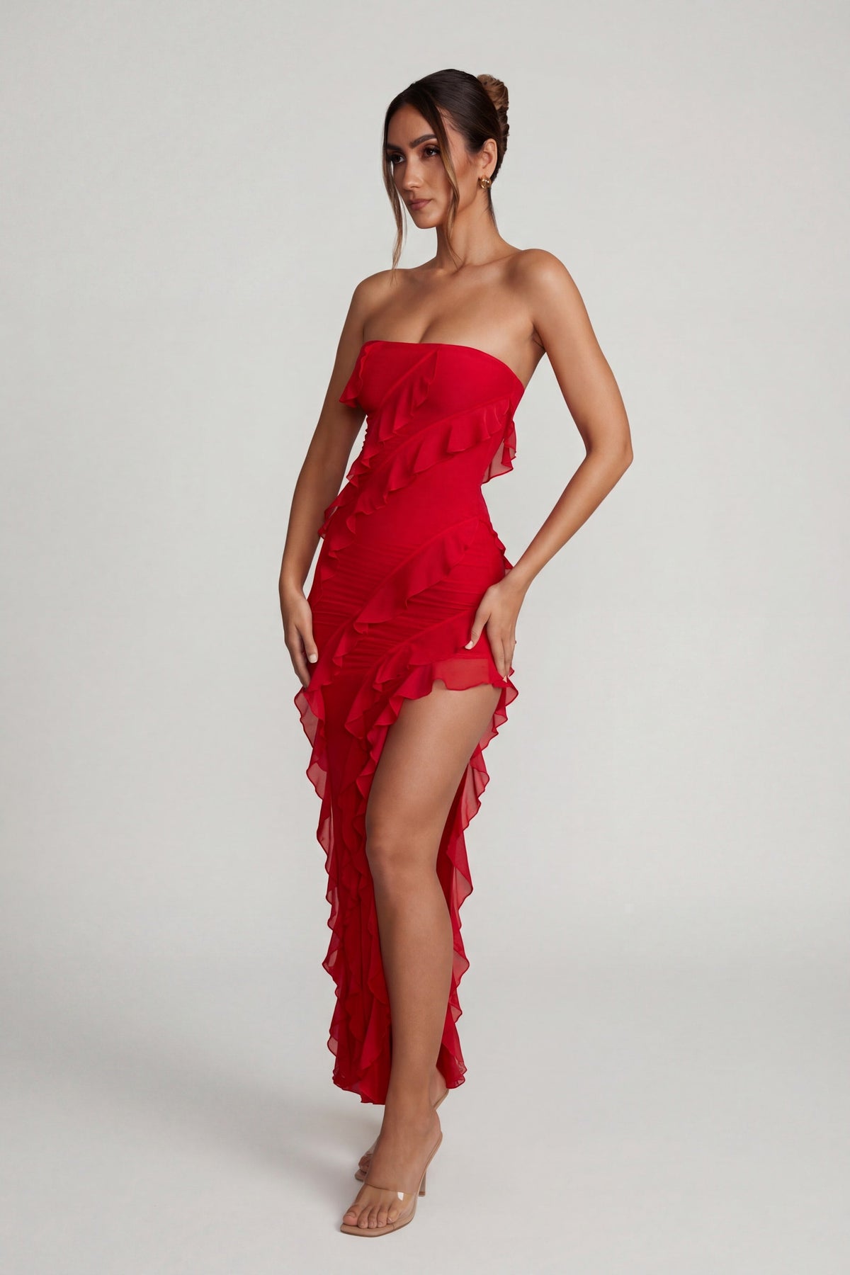 Bandeau Ruffle Detail Maxi Dress in Red