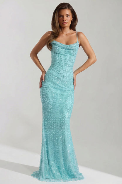 Embellished Cowl-Neck Backless Maxi Dress in Aqua Blue