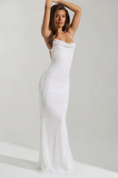 Embellished Cowl-Neck Backless Maxi Dress in White