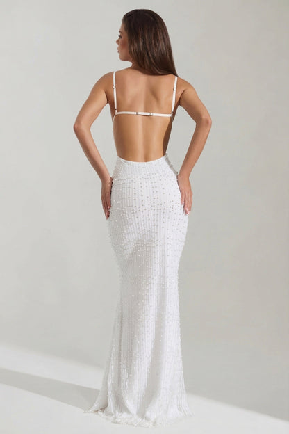 Embellished Cowl-Neck Backless Maxi Dress in White