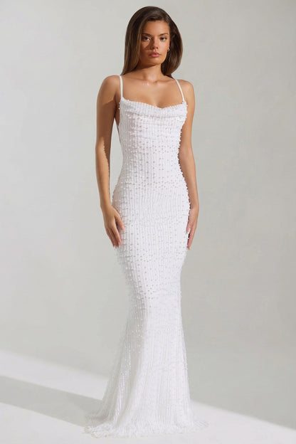 Embellished Cowl-Neck Backless Maxi Dress in White