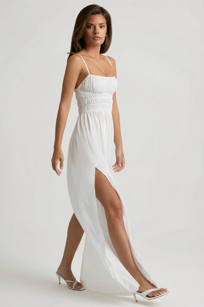 Shirred Camisole Maxi Dress in White