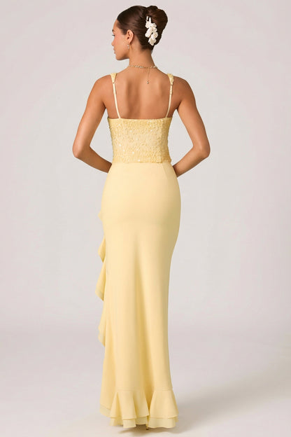 Embellished Ruffle-Trim Corset Gown in Yellow