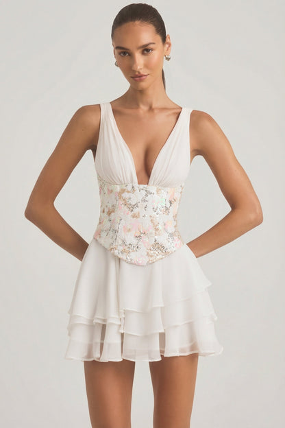 Embellished Ruffled Corset Mini Dress in Ivory