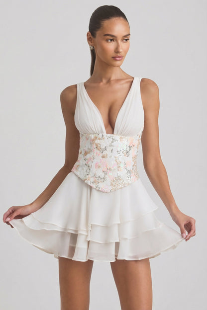 Embellished Ruffled Corset Mini Dress in Ivory