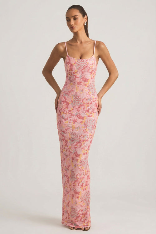 Embellished Scoop-Neck Backless Maxi Dress in Pink