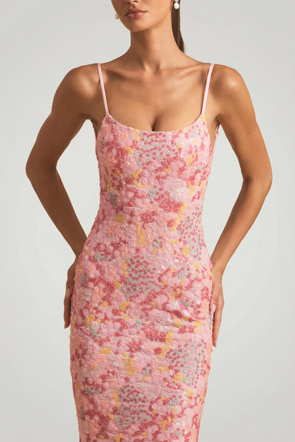 Embellished Scoop-Neck Backless Maxi Dress in Pink
