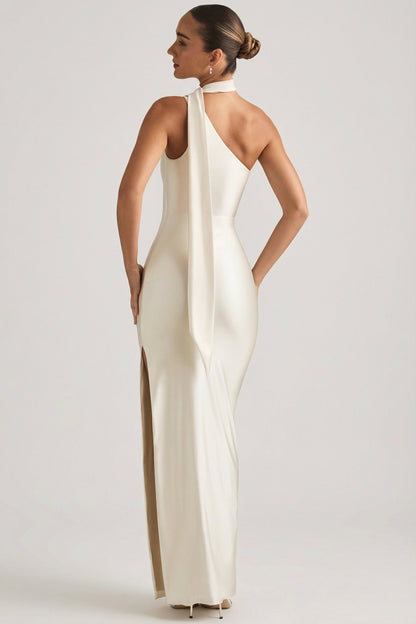 Asymmetric Scarf-Detail Maxi Dress in Ivory