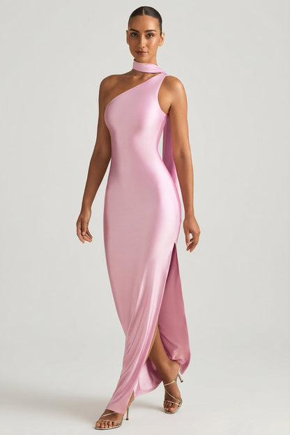 Asymmetric Scarf-Detail Maxi Dress in Soft Pink
