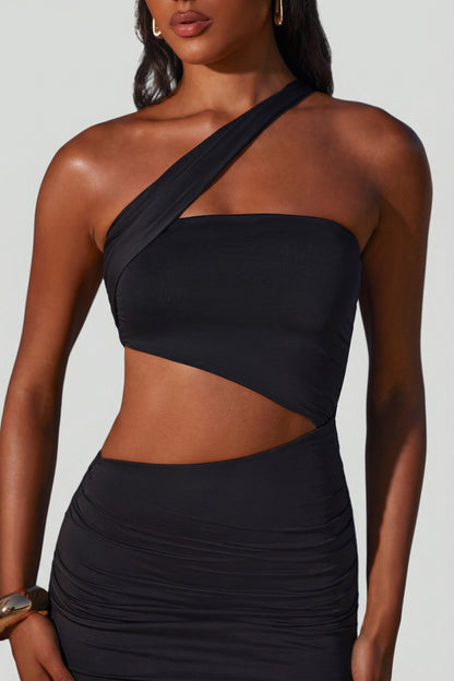 Asymmetric Neckline Ruched Cut Out Maxi Dress in Black