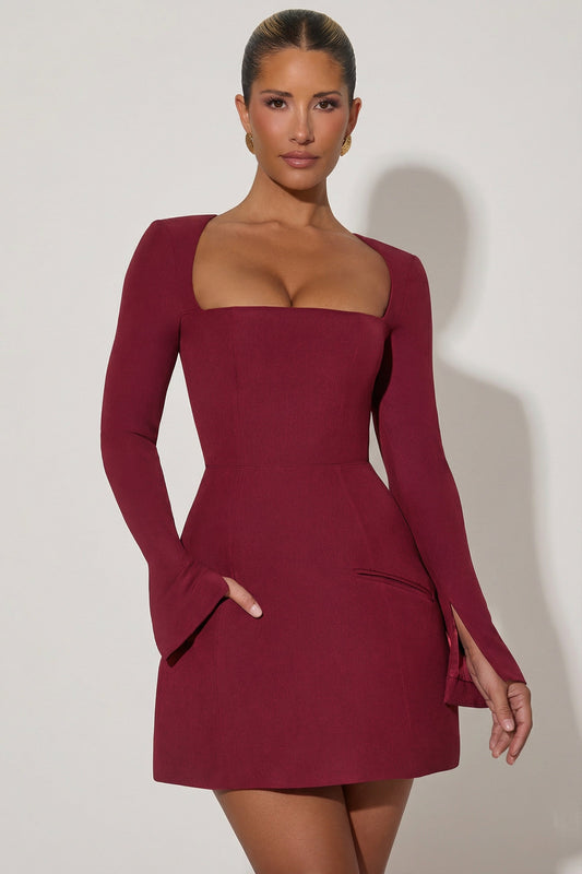 Square-Neck Structured Tulip Mini Dress in Wine Red