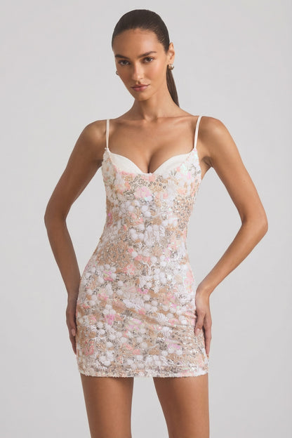 Embellished Camisole Bodycon Mini Dress in Ivory
